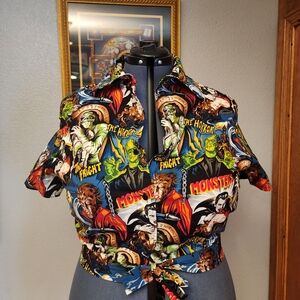 Hemet Colorful Universal Monster Print Tie-Front Shirt